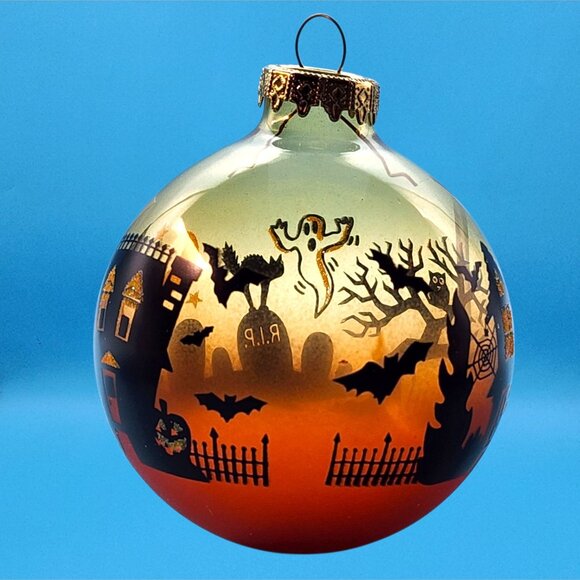 Halloween Haunted House Orange Glass Ball Ornament with Bats & Pumpkins - Picture 4 of 8